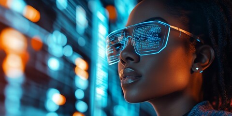 AI cyber security concept. Black female IT Computer specialist analyzing artificial intelligence cyber threats