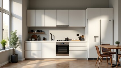 Modern Kitchen Interior Design with White Cabinets and Stainless Steel Appliances. Generative image Ai