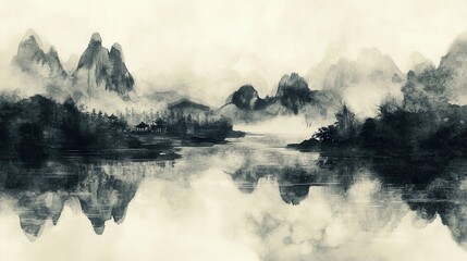 Wall Mural - Traditional Chinese landscape painting with ink