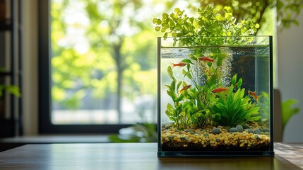 compact square fish tank with green plants and orange fish, bright indoor setting.