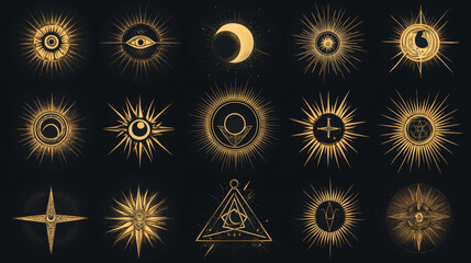 Vector set of occult signs, including occultism, alchemy, and astrology symbols. Features mystic emblems such as the magic eye, masonry pyramid, Egyptian ankh cross, sun or moon with rays, and pentagr