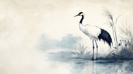 Wall Mural - Ink painting of a red-crowned crane standing by a lake