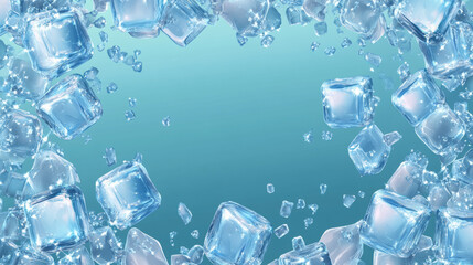 Wall Mural - Realistic ice cubes background featuring a crystal-clear frame. Isolated vector border with transparent blue square chunks of frozen water or crystal pieces. Solid icy cubes or frosty blocks forming.