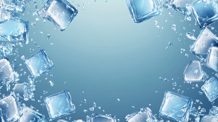 Wall Mural - Realistic ice cubes background featuring a crystal-clear frame. Isolated vector border with transparent blue square chunks of frozen water or crystal pieces. Solid icy cubes or frosty blocks forming.