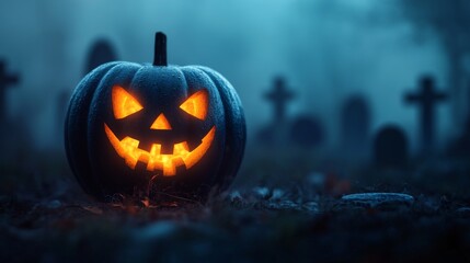 Wall Mural - Glowing Halloween Pumpkin in Cemetery Background