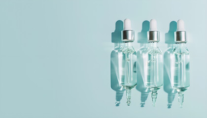 Glass ampoules with liquid on light blue background. Space for text