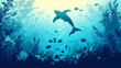 © Cavad - Submerged scenery featuring a variety of sea life: seaweed and coral reefs, schools of fish, silhouettes of a whale, manta ray, turtle, and marlin. This vector background highlights ocean vegetation