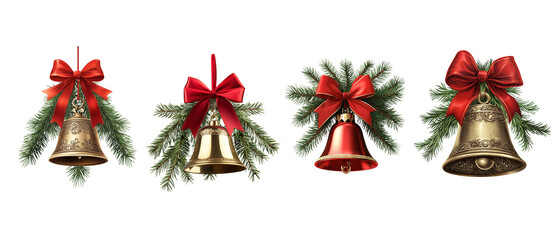 Canvas Print - set stylish christmas bell with a red bow and pine branches on a white background