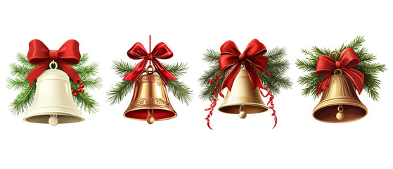 Canvas Print - set stylish christmas bell with a red bow and pine branches on a white background