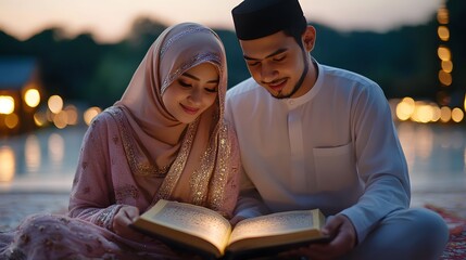 Muslim couple spending a peaceful evening reading the Quran together