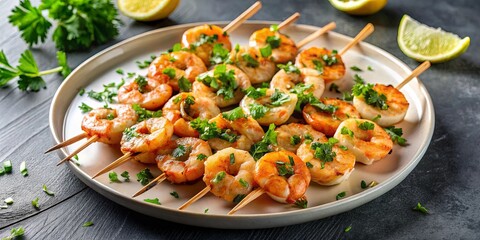 Wall Mural - Plate of shrimp skewers garnished with parsley, appetizing seafood dish perfect for any occasion