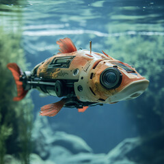 A robotic fish monitoring water quality in a lake.A robotic fish monitoring water quality in a lake.