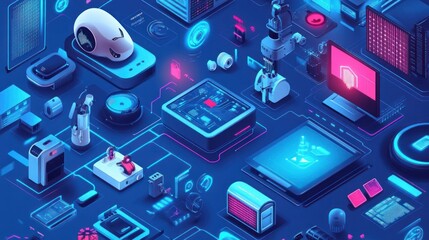 A colorful image of a futuristic cityscape with robots and other technology