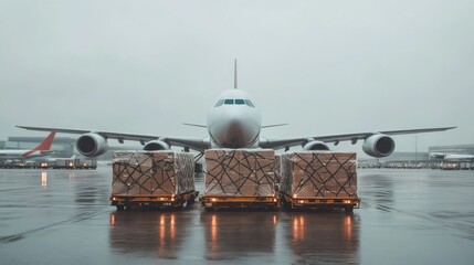 A white airplane is parked on the tarmac with several boxes on the ground in front of it