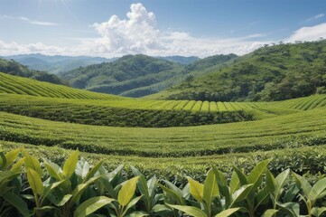 Tea plantation natural landscape. Green tea hills with a cloudy sky background. Mountain field with a tea plant. Rows of tea bushes. Farming, harvest, agriculture concept. For poster, card, postcard.