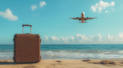 A suitcase is on the beach next to the ocean. A plane is flying in the sky above the beach