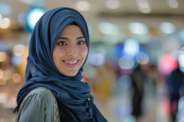 Portrait of smiling middle-Eastern woman enjoying shopping in mall.