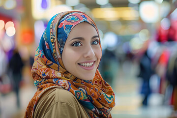 Portrait of smiling middle-Eastern woman enjoying shopping in mall.