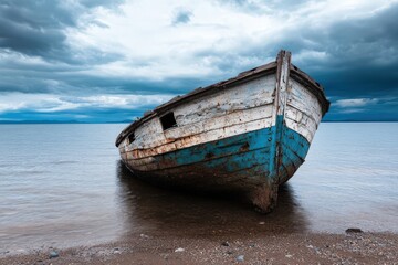 Naklejka na meble An old, rustic boat rests on a calm shore beneath a dramatic, cloudy sky, epitomizing tranquility and the passage of time in a beautiful natural setting.
