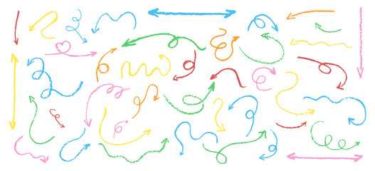 Wall Mural - set of children hand drawn crayon arrows. collection of abstract color pastel curved pointers. fun w