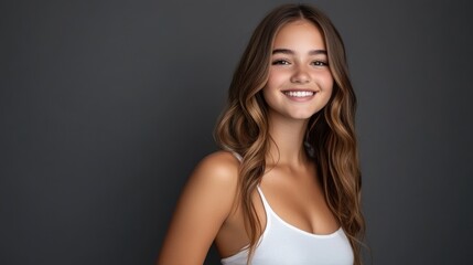 A teenage woman in a simple white gala dress poses relaxedly, smiling at the camera with her long, slightly curled hair in front of a gray studio background.