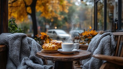 Cozy cafe scene with kouign amann pastries, steaming coffee, and soft blankets on wooden chairs, autumnal decor creating a warm, inviting atmosphere.