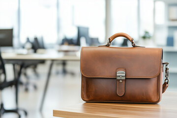 A stylish brown leather briefcase sits on wooden table, exuding professionalism and elegance in modern office setting.