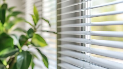 Sunlight and Plant Leaves Seen Through White Window Blinds