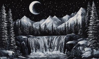 Sticker - A painting of a mountain range with a waterfall and a full moon in the sky