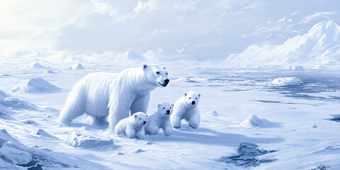 Polar bear with cubs in icy arctic landscape