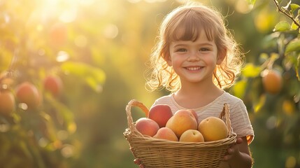 Canvas Print - A young girl is holding a basket of apples and smiling