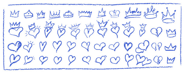 Wall Mural - set of children hand drawn crayon hearts and crowns. collection of blue color pastel symbol of love 