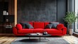© orendesain99 - A red couch sits in front of a black wall