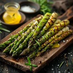 Wall Mural - Grilled Asparagus with Lemon Garlic Sauce on Rustic Wooden Board with Sea Salt Garnish