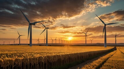 Wall Mural - Golden field with wind turbines at sunset, sustainable power generation