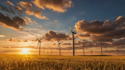 Golden field with wind turbines at sunset, sustainable power generation