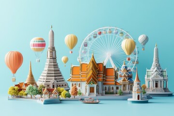 Wall Mural - 3D rendering of a miniature Bangkok in Thailand, featuring a Ferris wheel, temple.