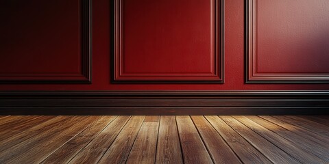 Sticker - Sunlit Red Wall with Elegant Wood Flooring in Modern Interior Design