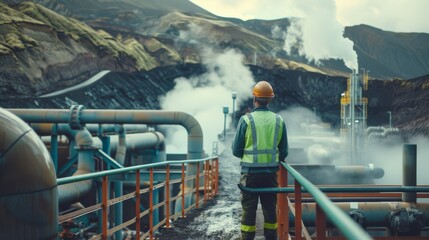 A worker in a hard hat and safety vest observes an industrial site with steam rising amidst mountainous terrain.