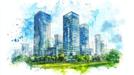 Canvas Print - Watercolor drawing of modern buildings in the city center, a business and office complex with a green park nearby, on a white background.