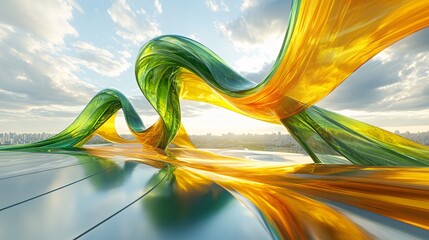 Vibrant 3D construction with yellow and green lines and ribbons, lots of light, horizon view, showcasing naturalism and design elements