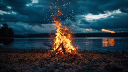 a cozy campfire burns brightly on the sandy shore of a tranquil lake under a moody evening sky at du