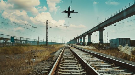 A plane flies low over railway tracks, flanked by tall pylons and a bridge against a backdrop of a few clouds in a blue sky.