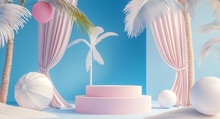 Poster - 3D render of a summer white podium display on a blue background with cute summer elements like an umbrella, ball, tree, and sunglasses.