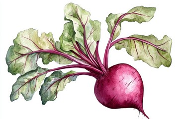 Colored watercolor of whole beetroots, an important vegetable for cooking. The plant contains fiber and vitamins.