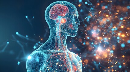 Wall Mural - 20. **create a holographic human body with a focus on the endocrine system, highlighting glands and 