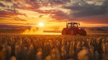 At sunset, a red tractor sprays crops, the golden light enhancing the rhythm of farm life.