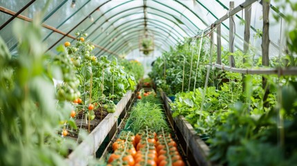 Poster - A lush green greenhouse full of vibrant vegetables and plants thriving under the protective canopy.