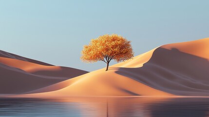 Aufkleber - Stunning 3D render of a surreal landscape with a single golden tree growing on land and a lake. This scene is a peaceful and relaxed scene with beautiful blue skies in the background.