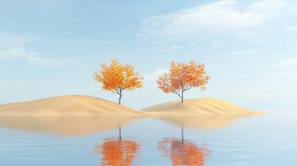 Aufkleber - An abstract pastel landscape of golden leaves and a golden tree on a pastel dune, beautifully dreamlike and surreal.